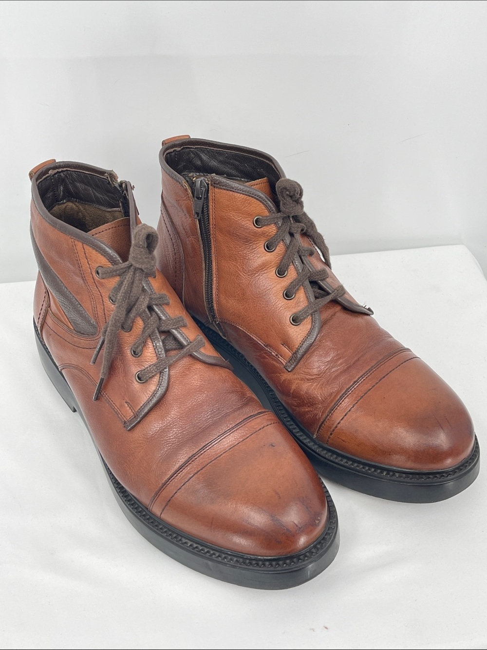 POP’S LEATHER Men's Leather Lace-Up Ankle Boots in Brown SIZE 44 SIDE ZIP